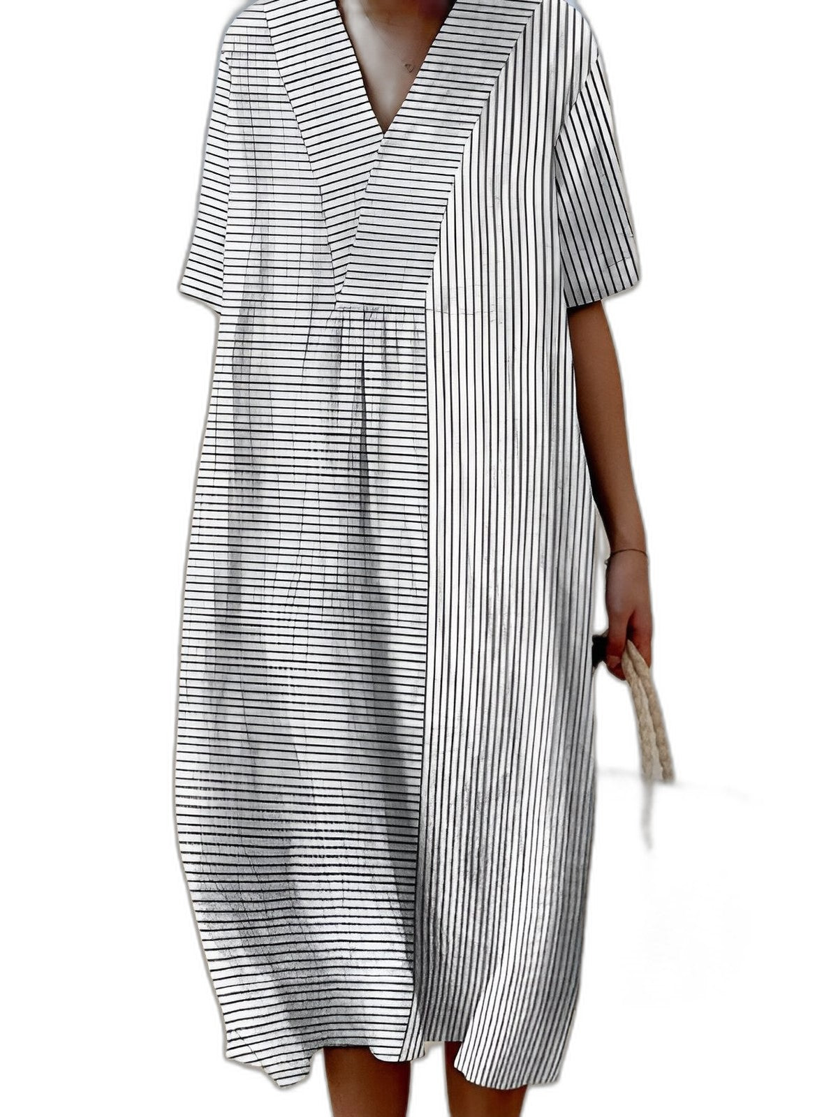 Elegant Striped Midi Dress for Women with V Neck Short Sleeve Flowing Vacation Style