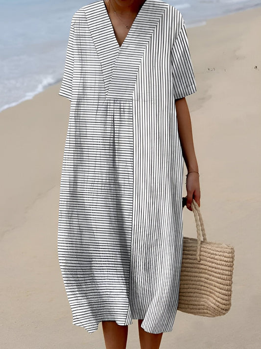 Elegant Striped Midi Dress for Women with V Neck Short Sleeve Flowing Vacation Style