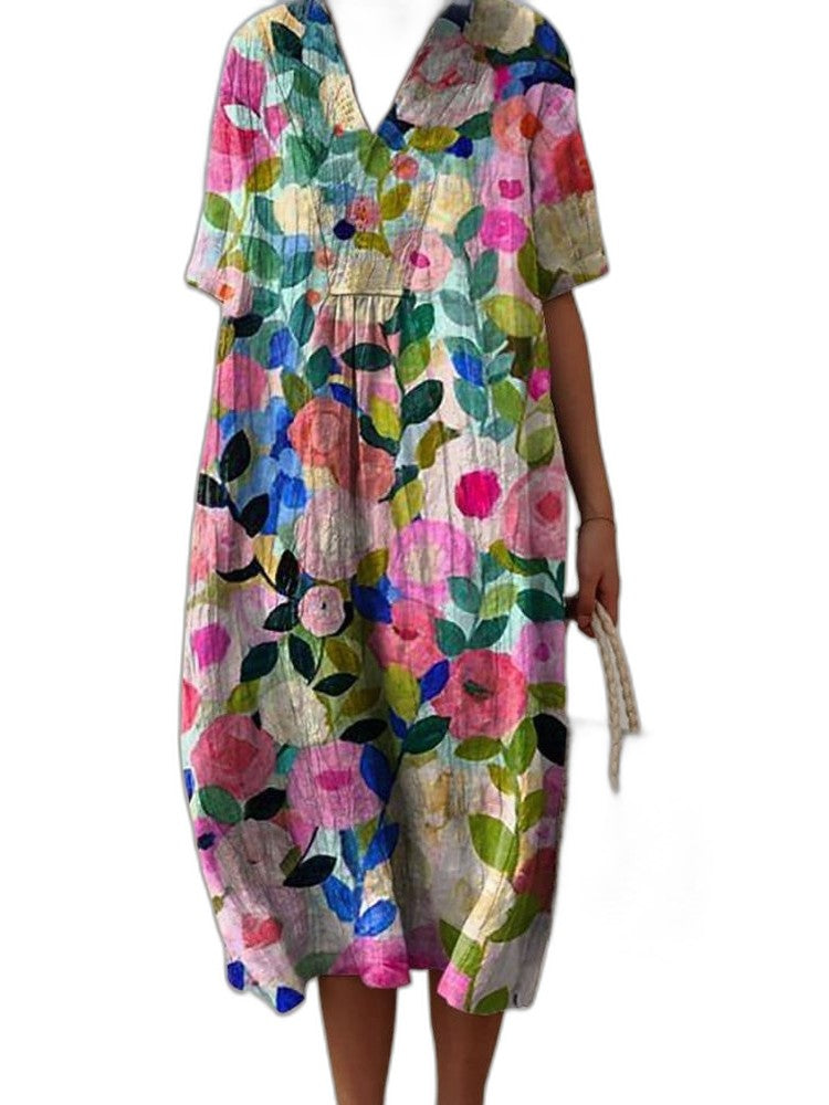Elegant Striped Midi Dress for Women with V Neck Short Sleeve Flowing Vacation Style