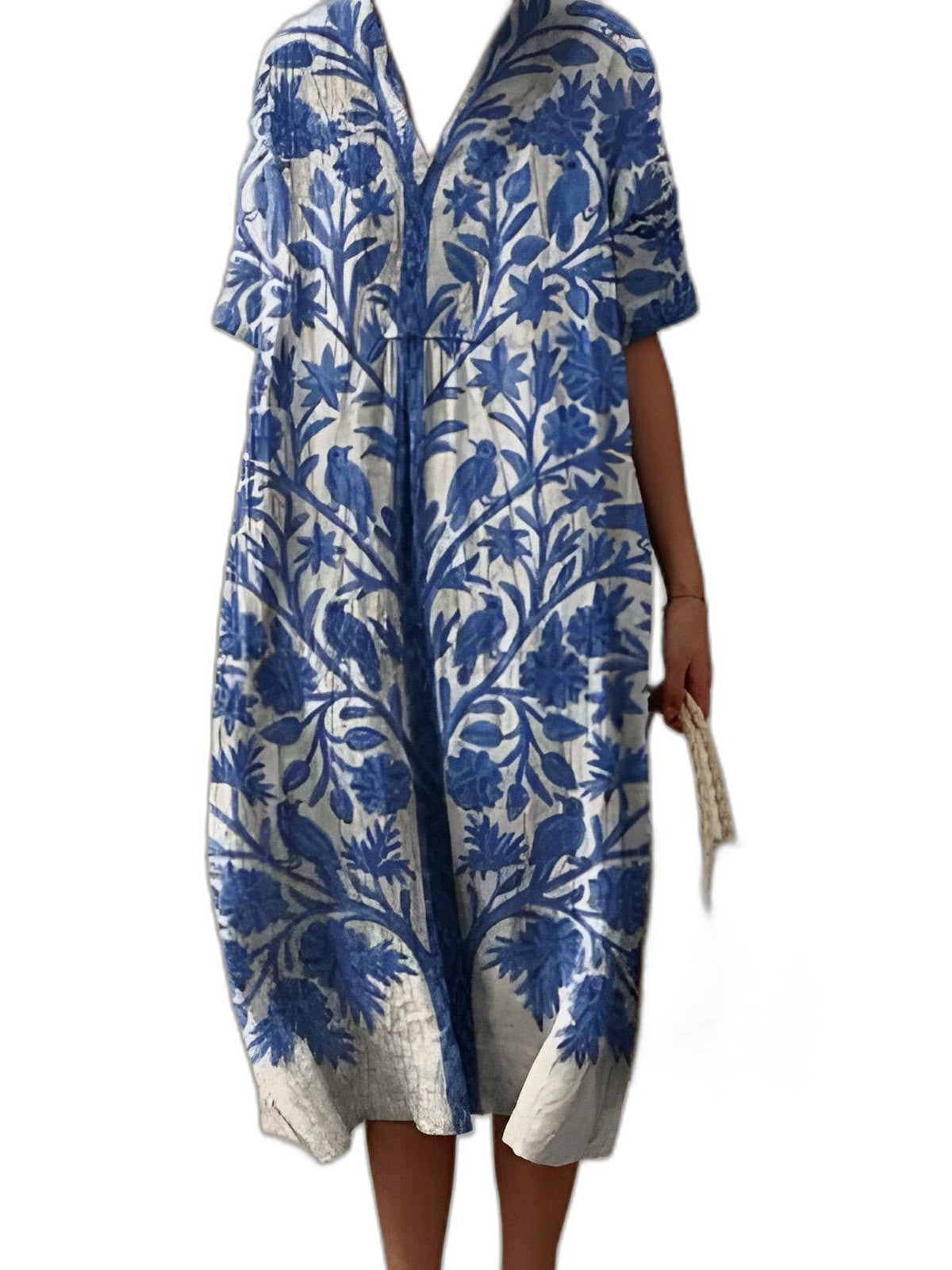 Elegant Striped Midi Dress for Women with V Neck Short Sleeve Flowing Vacation Style