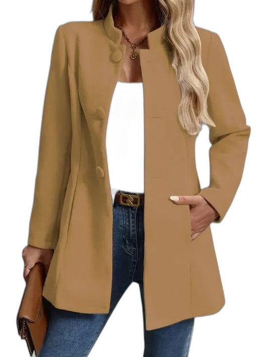 Elegant Tan Blazer for Women with Collared Long Sleeve Belted Office Style