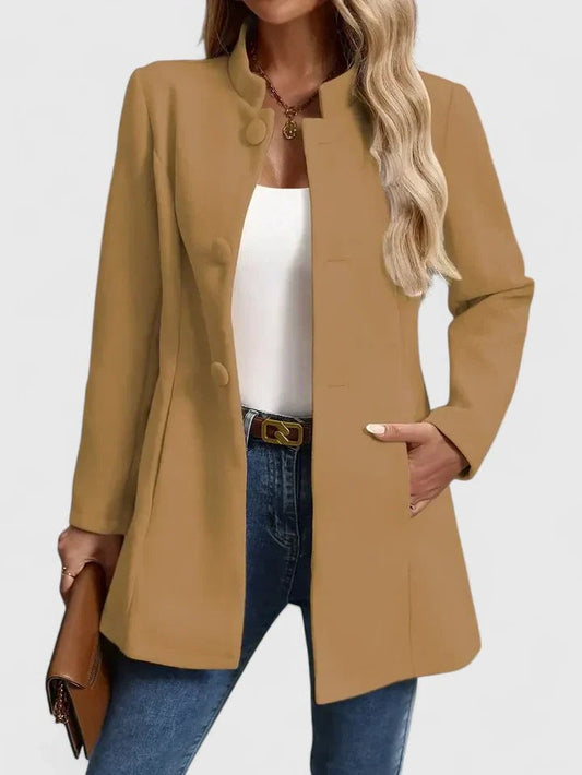 Elegant Tan Blazer for Women with Collared Long Sleeve Belted Office Style