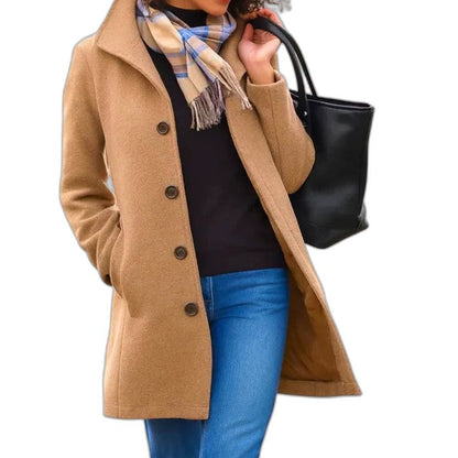 Elegant Tan Coat for Women with Collared Long Sleeve Button Front Office Style