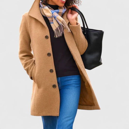 Elegant Tan Coat for Women with Collared Long Sleeve Button Front Office Style