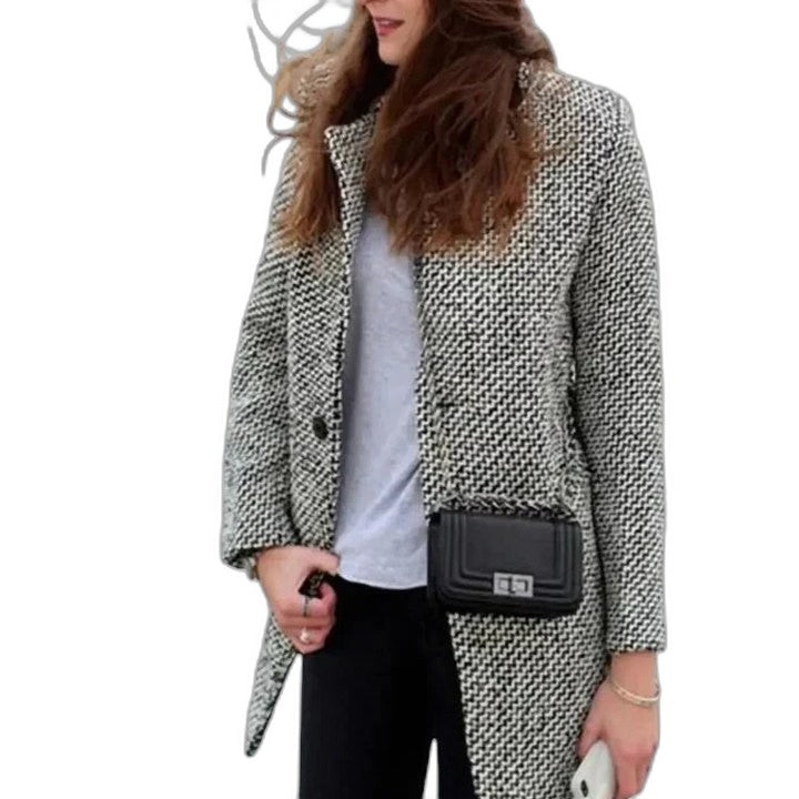Elegant Tweed Blazer for Women with Collared Long Sleeve Button Front Office Style