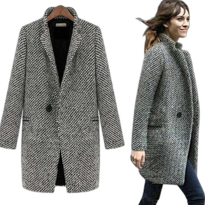 Elegant Tweed Blazer for Women with Collared Long Sleeve Button Front Office Style