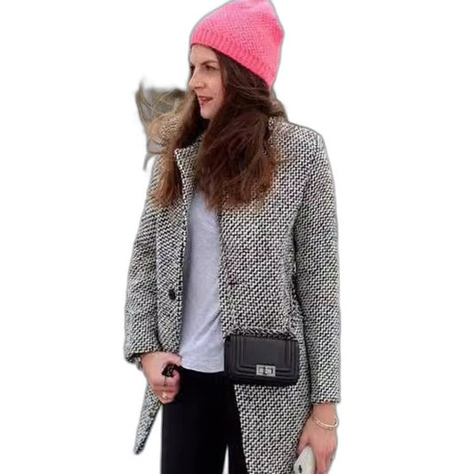 Elegant Tweed Blazer for Women with Wool Collared Long Sleeve Button Front Office Style