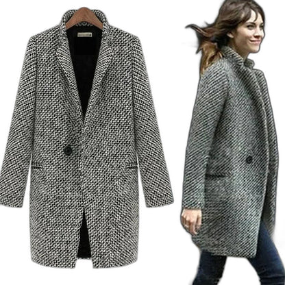 Elegant Tweed Blazer for Women with Wool Collared Long Sleeve Button Front Office Style