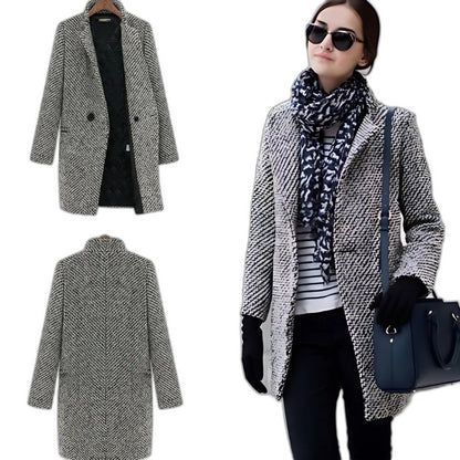 Elegant Tweed Blazer for Women with Wool Collared Long Sleeve Button Front Office Style