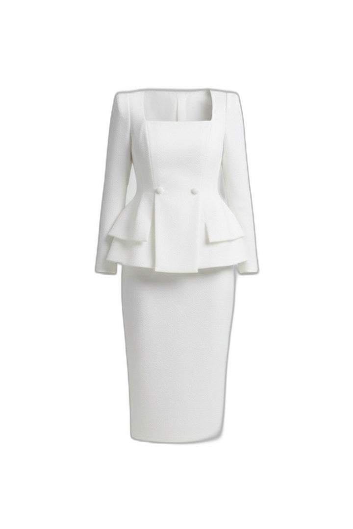 Elegant White Blazer for Women with Square Neck Long Sleeve Peplum Cropped Formal Style
