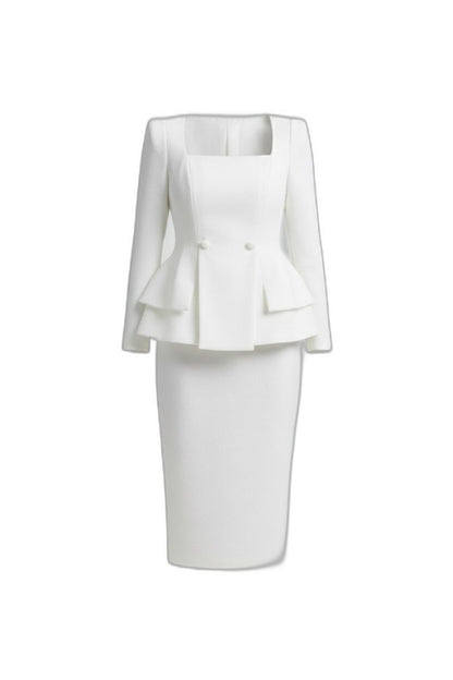 Elegant White Blazer for Women with Square Neck Long Sleeve Peplum Cropped Formal Style