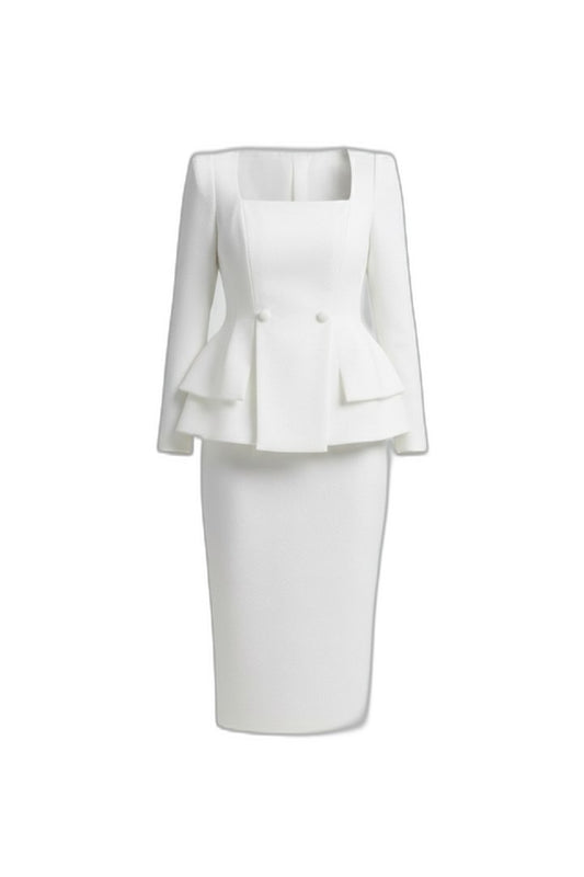 Elegant White Blazer for Women with Square Neck Long Sleeve Peplum Cropped Formal Style