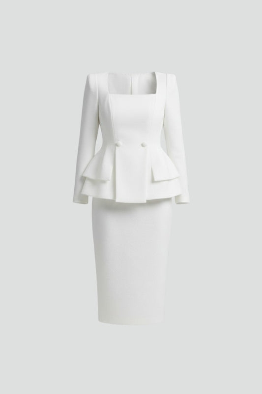 Elegant White Blazer for Women with Square Neck Long Sleeve Peplum Cropped Formal Style