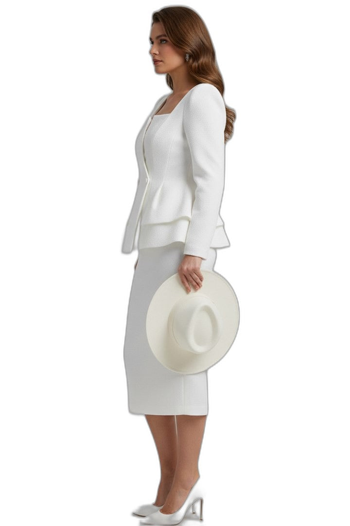 Elegant White Blazer for Women with Square Neck Long Sleeve Peplum Cropped Formal Style