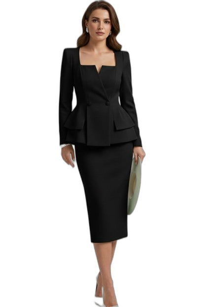 Elegant White Blazer for Women with Square Neck Long Sleeve Peplum Cropped Formal Style