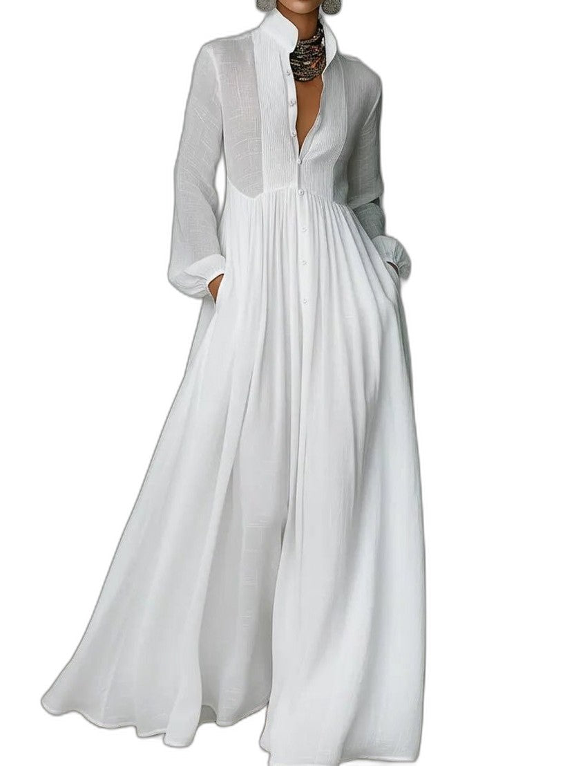 Elegant White Cotton Maxi Dress for Women with Collared Long Sleeve Button Front Flowing Formal Style
