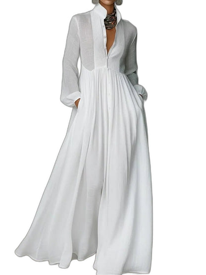 Elegant White Cotton Maxi Dress for Women with Collared Long Sleeve Button Front Flowing Formal Style