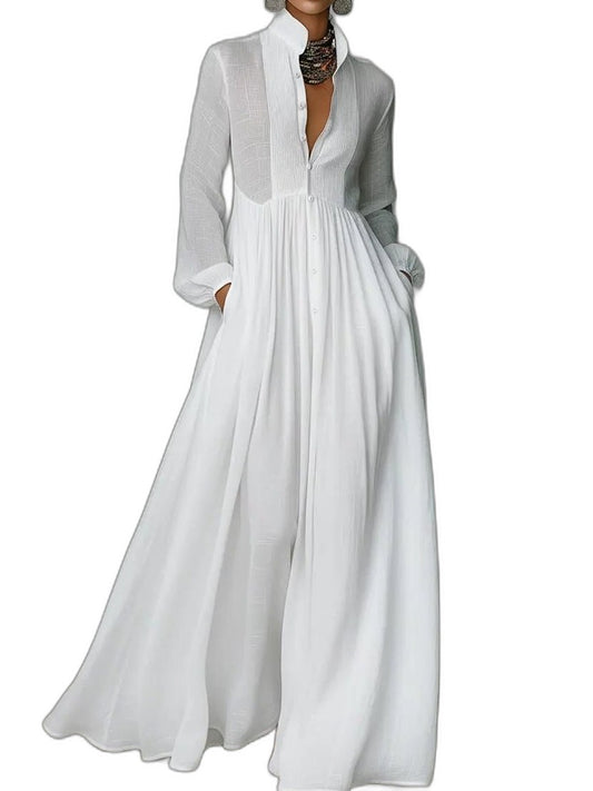 Elegant White Cotton Maxi Dress for Women with Collared Long Sleeve Button Front Flowing Formal Style