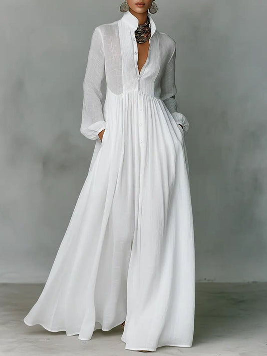 Elegant White Cotton Maxi Dress for Women with Collared Long Sleeve Button Front Flowing Formal Style