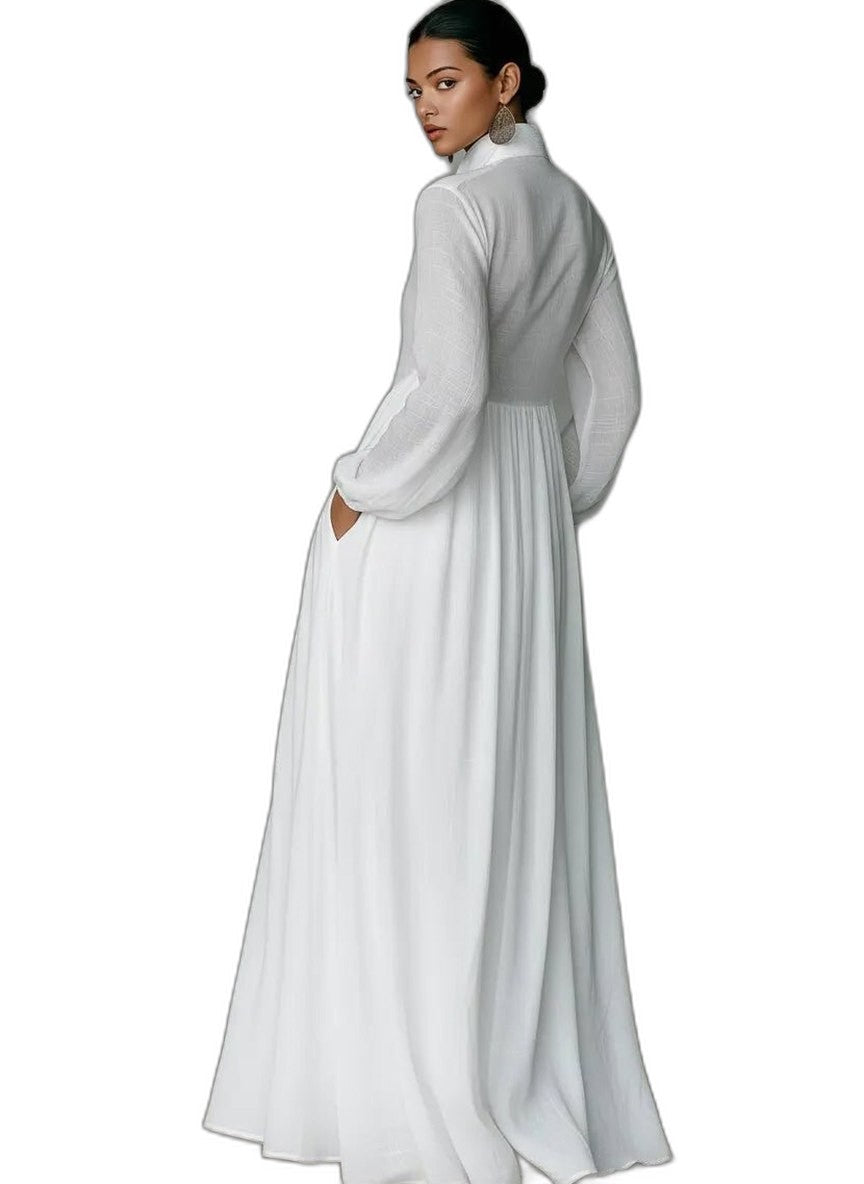 Elegant White Cotton Maxi Dress for Women with Collared Long Sleeve Button Front Flowing Formal Style