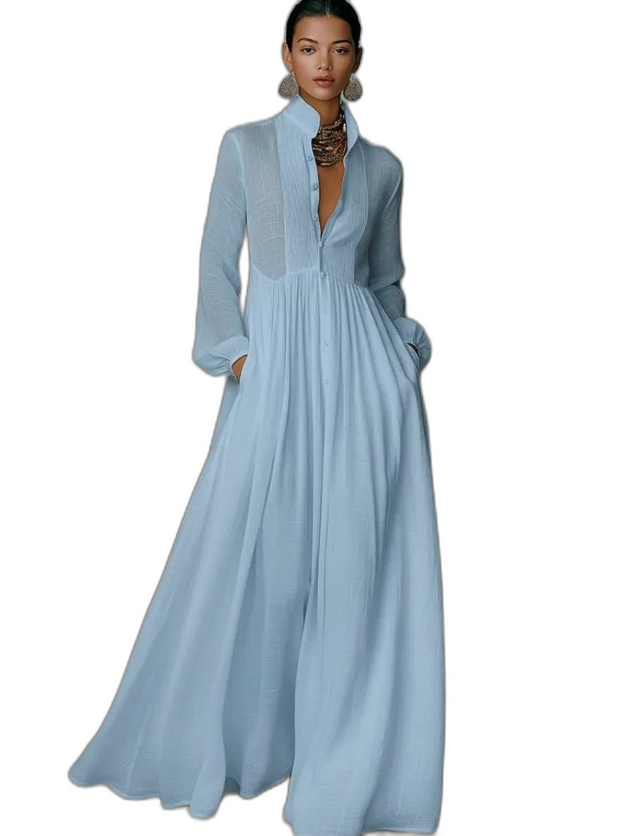Elegant White Cotton Maxi Dress for Women with Collared Long Sleeve Button Front Flowing Formal Style