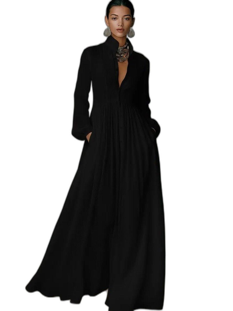 Elegant White Cotton Maxi Dress for Women with Collared Long Sleeve Button Front Flowing Formal Style