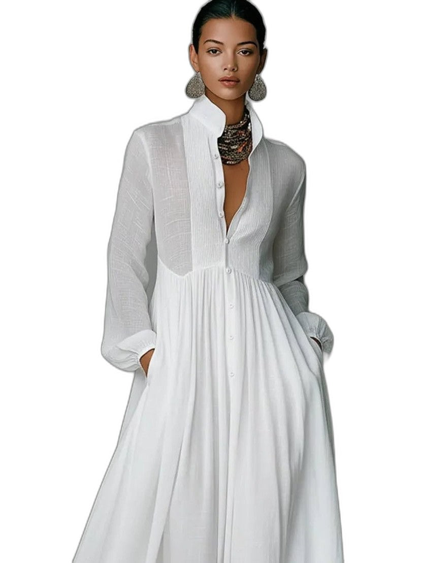 Elegant White Cotton Maxi Dress for Women with Collared Long Sleeve Button Front Flowing Formal Style