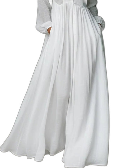 Elegant White Cotton Maxi Dress for Women with Collared Long Sleeve Button Front Flowing Formal Style