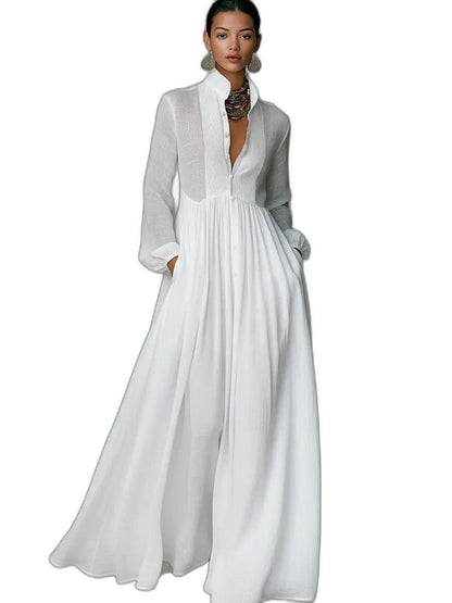 Elegant White Cotton Maxi Dress for Women with Collared Long Sleeve Button Front Flowing Formal Style