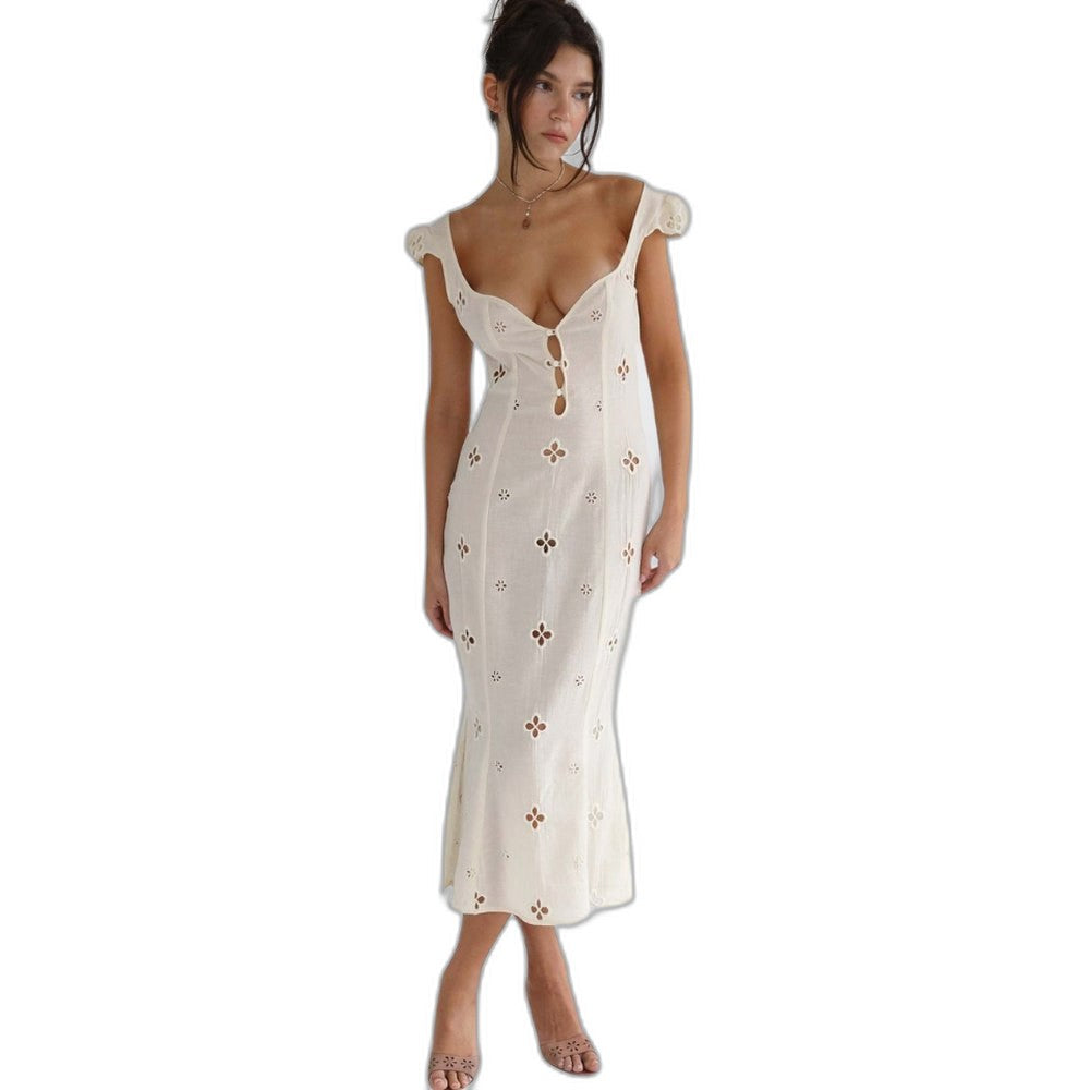 Elegant White Crochet Midi Dress for Women with Sweetheart Cap Sleeve Bodycon Button Front Formal Wedding Guest Style