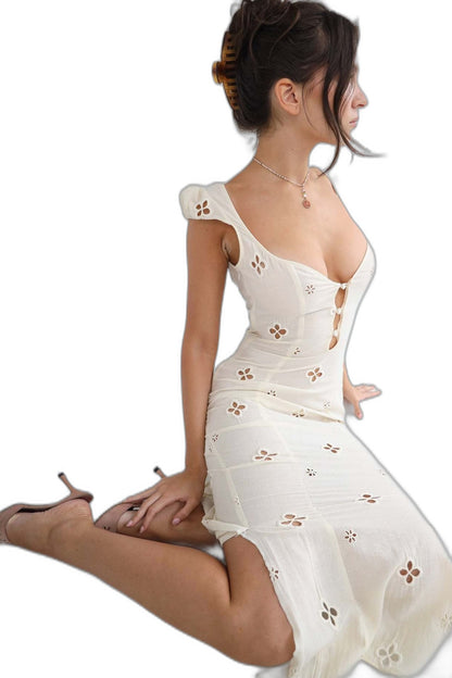 Elegant White Crochet Midi Dress for Women with Sweetheart Cap Sleeve Bodycon Button Front Formal Wedding Guest Style