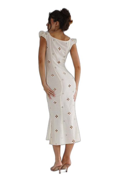 Elegant White Crochet Midi Dress for Women with Sweetheart Cap Sleeve Bodycon Button Front Formal Wedding Guest Style