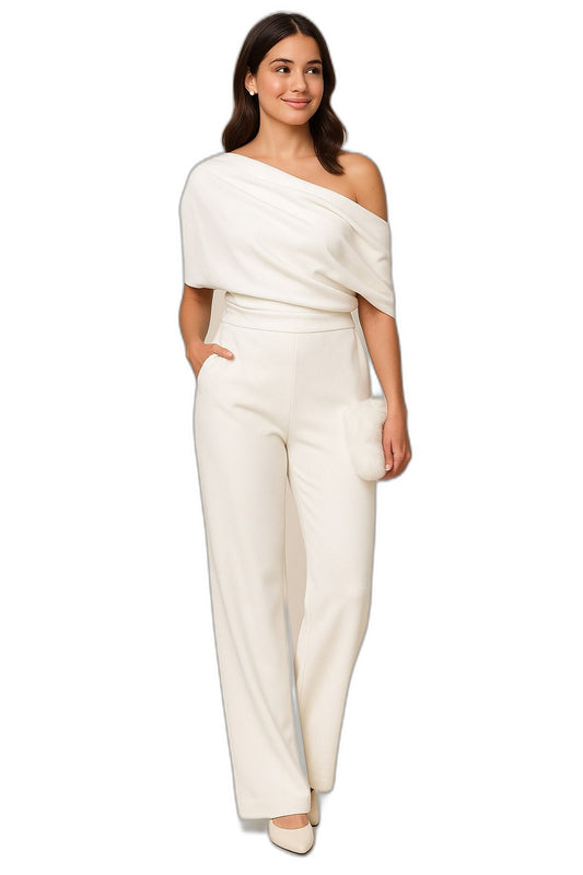 Elegant White Jumpsuit for Women with One Shoulder Long Sleeve Straight Leg Cocktail Style