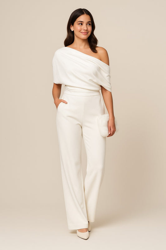 Elegant White Jumpsuit for Women with One Shoulder Long Sleeve Straight Leg Cocktail Style