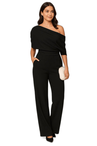 Elegant White Jumpsuit for Women with One Shoulder Long Sleeve Straight Leg Cocktail Style