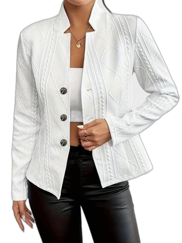 Elegant White Knit Blazer for Women with Collared Long Sleeve Button Front Office Style