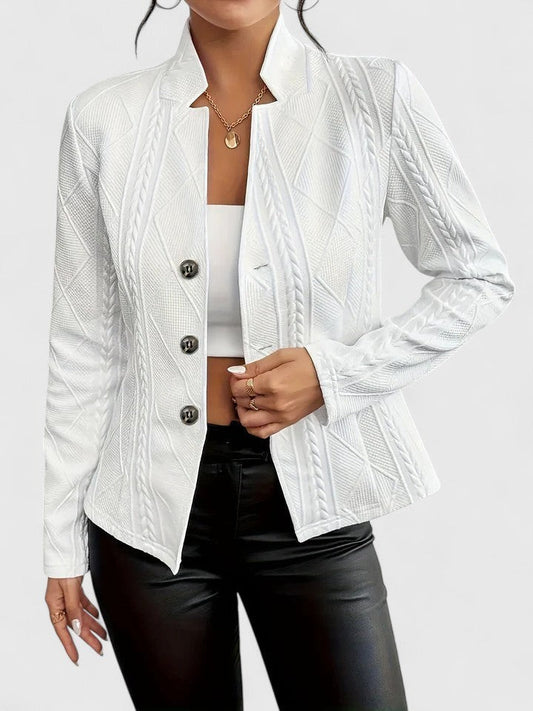 Elegant White Knit Blazer for Women with Collared Long Sleeve Button Front Office Style