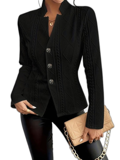 Elegant White Knit Blazer for Women with Collared Long Sleeve Button Front Office Style