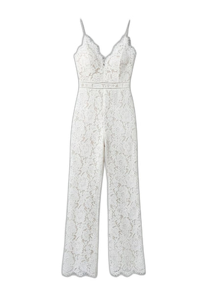 Elegant White Lace Jumpsuit for Women with V Neck Sleeveless Wide Leg Formal Wedding Guest Style