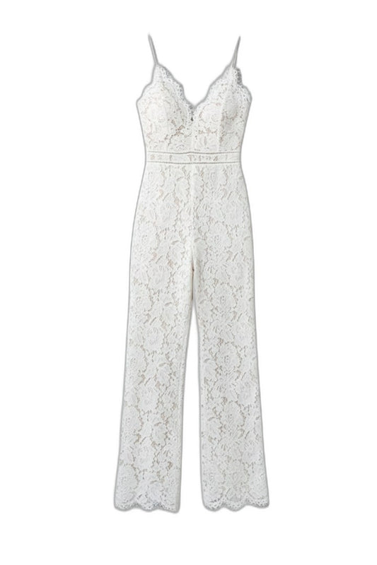 Elegant White Lace Jumpsuit for Women with V Neck Sleeveless Wide Leg Formal Wedding Guest Style