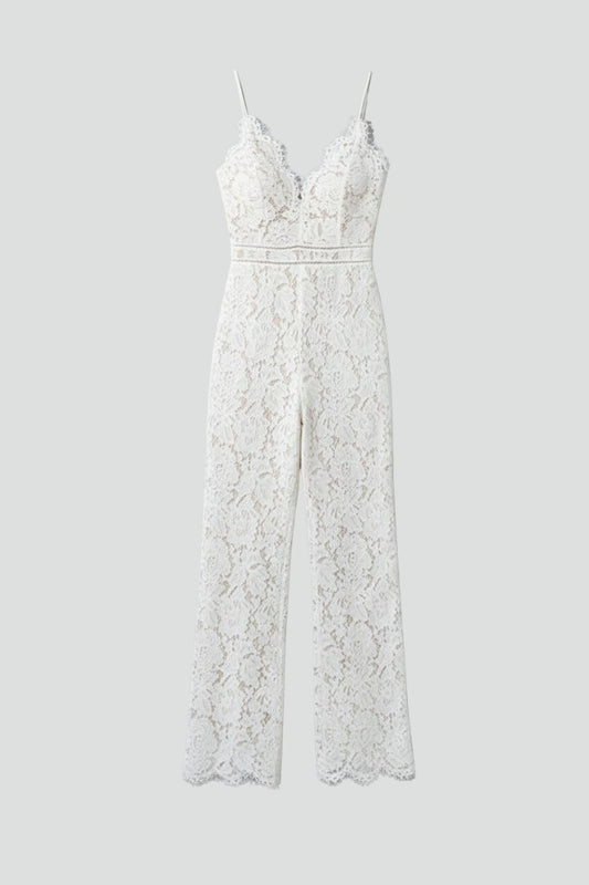 Elegant White Lace Jumpsuit for Women with V Neck Sleeveless Wide Leg Formal Wedding Guest Style