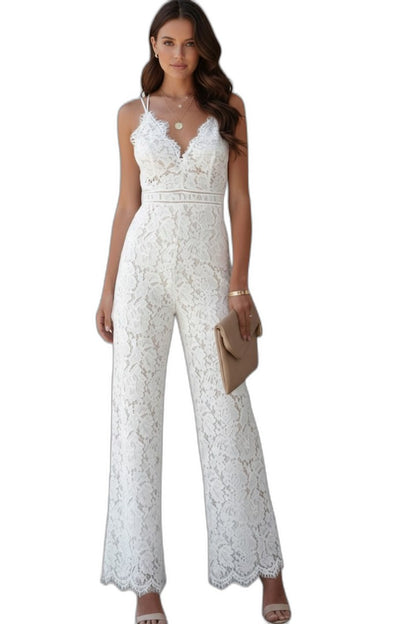 Elegant White Lace Jumpsuit for Women with V Neck Sleeveless Wide Leg Formal Wedding Guest Style