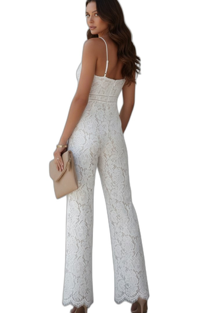 Elegant White Lace Jumpsuit for Women with V Neck Sleeveless Wide Leg Formal Wedding Guest Style