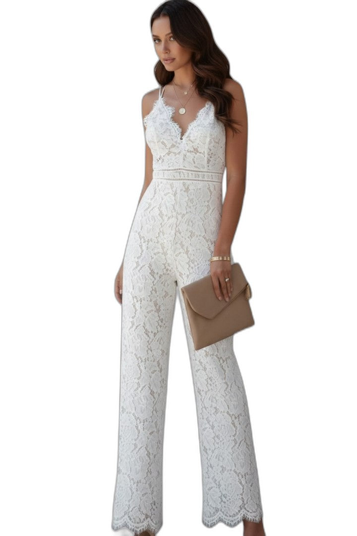 Elegant White Lace Jumpsuit for Women with V Neck Sleeveless Wide Leg Formal Wedding Guest Style