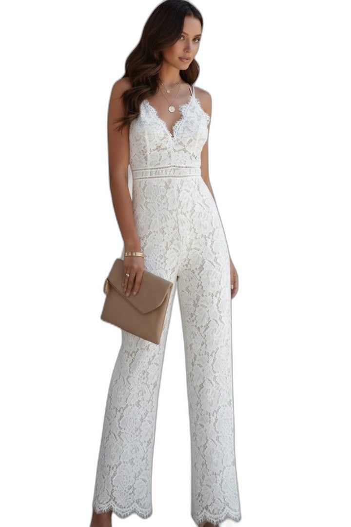 Elegant White Lace Jumpsuit for Women with V Neck Sleeveless Wide Leg Formal Wedding Guest Style