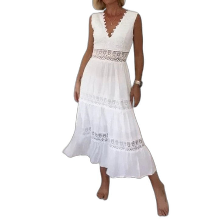 Elegant White Lace Maxi Dress for Women with V Neck Sleeveless Tiered Flowing Vacation Style