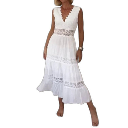 Elegant White Lace Maxi Dress for Women with V Neck Sleeveless Tiered Flowing Vacation Style