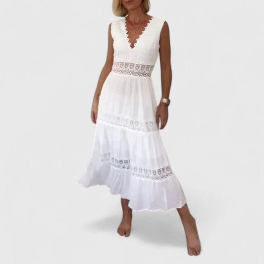 Elegant White Lace Maxi Dress for Women with V Neck Sleeveless Tiered Flowing Vacation Style