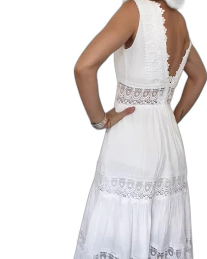 Elegant White Lace Maxi Dress for Women with V Neck Sleeveless Tiered Flowing Vacation Style