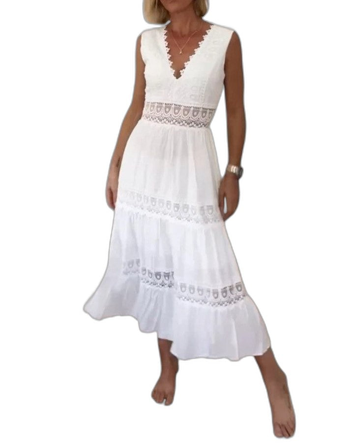Elegant White Lace Maxi Dress for Women with V Neck Sleeveless Tiered Flowing Vacation Style